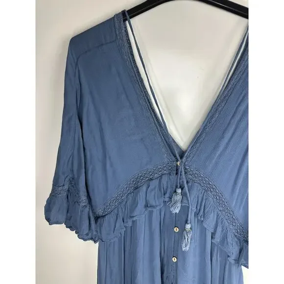 Free People Paradiso HiLo Maxi Dress Ruffle Blue Boho Folklore Oversized Medium - Picture 3 of 16